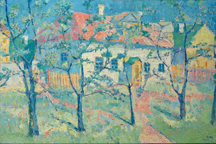 Kunstdruck Der Frühling von Kasimir Malevich mit farbiger Frühlingsszene, Figuren und moderner Landschaftsdarstellung
