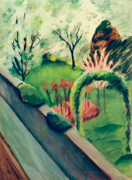 Kunstdruck des Gemäldes „Der Garten Mackes in Bonn“ von August Macke. Hochwertig in Deutschland von Hand gefertigt, erhältlich als Leinwand oder Poster und optional gerahmt.