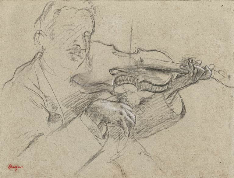 Kunstdruck des Gemäldes Der Geigenspieler von Edgar Degas mit der Darstellung eines Musikers beim Violinenspiel.