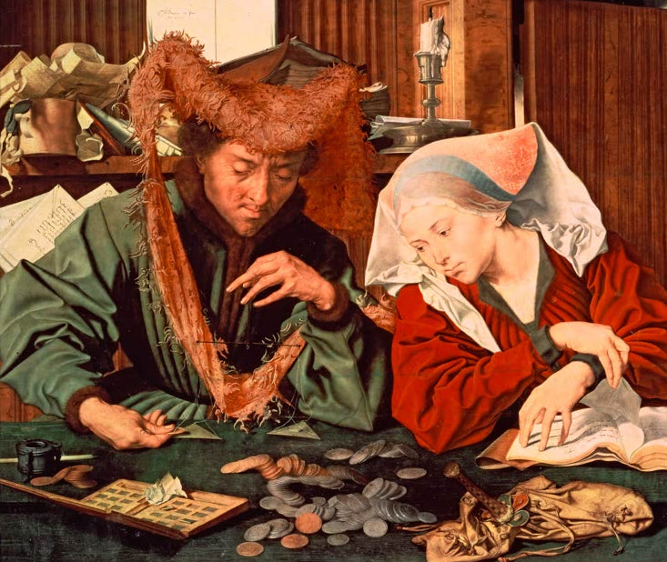 Kunstdruck Der Geldwechsler von Marinus van Reymerswaele mit Geldzähler, Münzen und detailreicher Renaissance-Szene