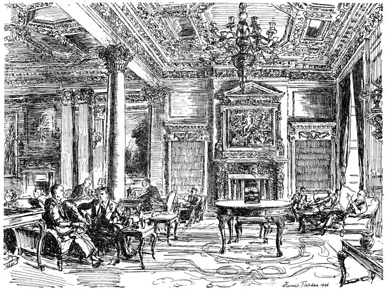 Kunstdruck „Der Gesellschaftsraum des Mitgliederclubs des Royal Automobile Club“ von Hanslip Fletcher mit elegantem historischem Interieur