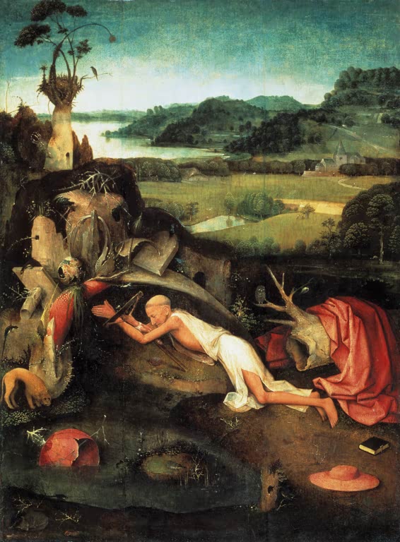 Kunstdruck „Der Heilige Hieronymus im Gebet“ von Hieronymus Bosch mit betendem Heiligen und religiöser Landschaft