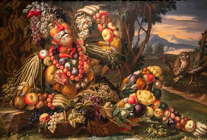 Kunstdruck „Der Herbst“ von Giuseppe Arcimboldo mit einem fantasievollen Männerporträt aus Trauben, Früchten, Pilzen und Zweigen