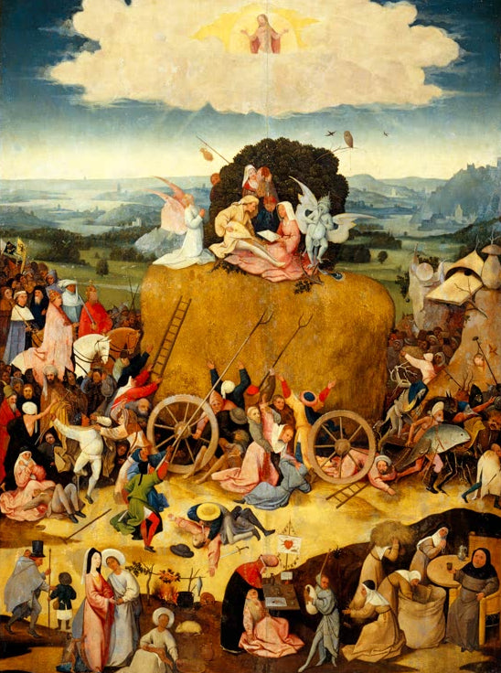 Kunstdruck „Der Triumphzug des Heuwagens“ von Hieronymus Bosch mit Heuwagen, Menschenmenge und moralischer Symbolik