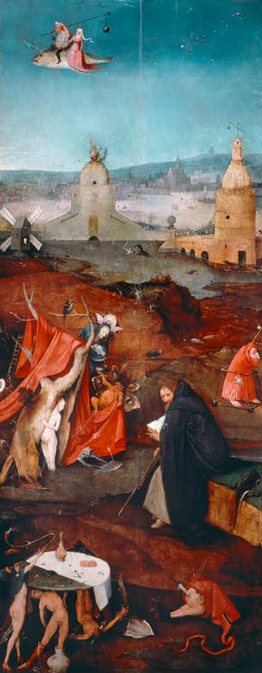 Kunstdruck „Der Hl. Antonius in Betrachtung“ von Hieronymus Bosch mit meditierendem Heiligen und religiöser Symbolik