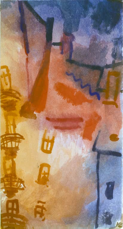 Kunstdruck des Gemäldes „Der Hof (Sonne im Hof)“ von Paul Klee – hochwertige Reproduktion eines farbenfrohen Kunstwerks mit geometrischer Komposition.