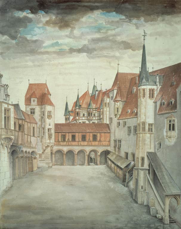 Kunstdruck von „Der Hof der Burg zu Innsbruck“ von Albrecht Dürer. Detailreiche Architekturstudie der Renaissance mit historischem Burghof, in Deutschland handgefertigt.