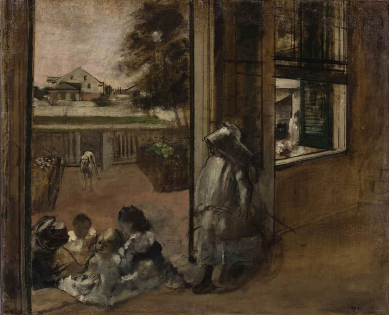 Kunstdruck des Gemäldes Der Innenhof eines Hauses in New Orleans von Edgar Degas mit einem Innenhof einer historischen Hausanlage in New Orleans.