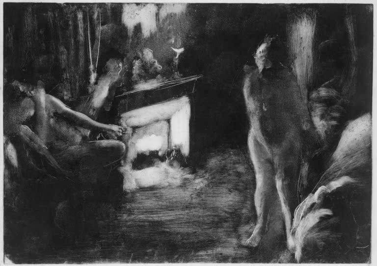 Kunstdruck des Gemäldes Der Kamin von Edgar Degas mit einer Innenraumszene und einem Kamin als zentralem Motiv.
