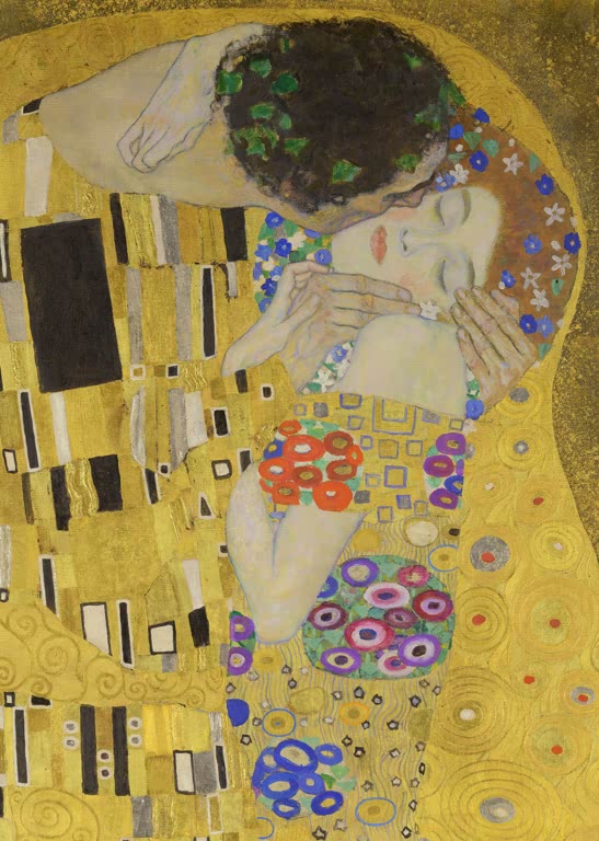 Kunstdruck von „Der Kuss“ von Gustav Klimt mit ikonischer Jugendstil-Ästhetik, goldenen Ornamenten und ausdrucksstarker Farbgestaltung. In Deutschland von Hand gefertigt.