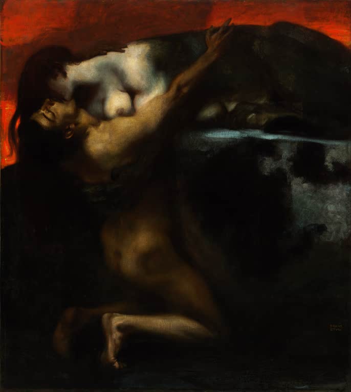 Kunstdruck von „Der Kuss der Sphinx“ von Franz von Stuck mit geheimnisvoller Sphinx, dunkler Symbolik und dramatischer Figurenszene