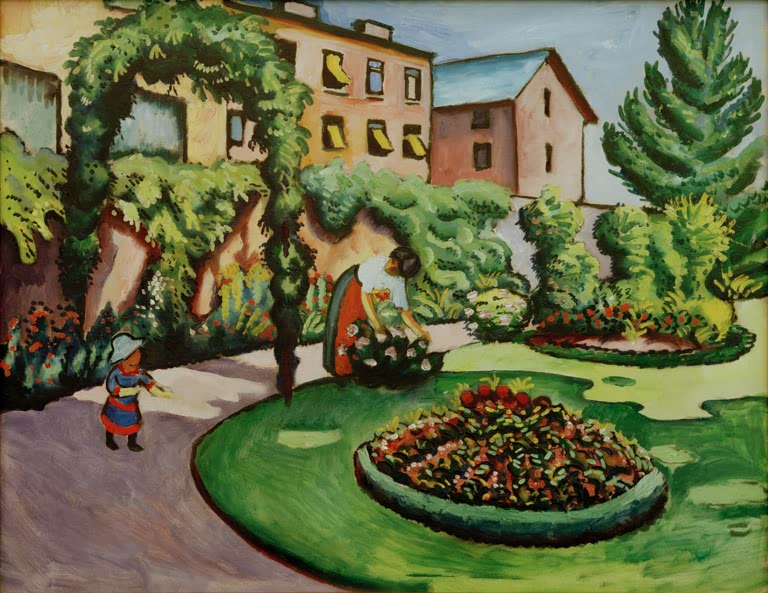 Kunstdruck des Gemäldes „Der Macke'sche Garten in Bonn“ von August Macke. Hochwertig in Deutschland von Hand gefertigt, erhältlich als Leinwand oder Poster und optional gerahmt.