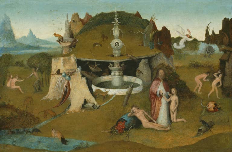 Kunstdruck „Der Paradiesgarten“ von Hieronymus Bosch mit Gartenlandschaft, Figuren und religiöser Symbolik