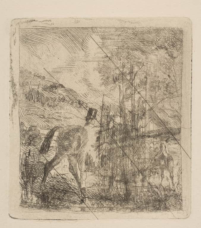 Kunstdruck des Gemäldes Der Reiter, der sein Pferd besteigt von Edgar Degas mit einem Reiter beim Aufsteigen auf sein Pferd.