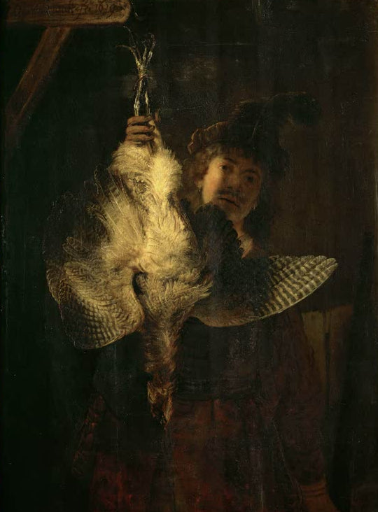 Kunstdruck von Rembrandts Gemälde „Der Rohrdommeljäger“ mit einem Jäger und seinem Hund in einer winterlichen Landschaft.