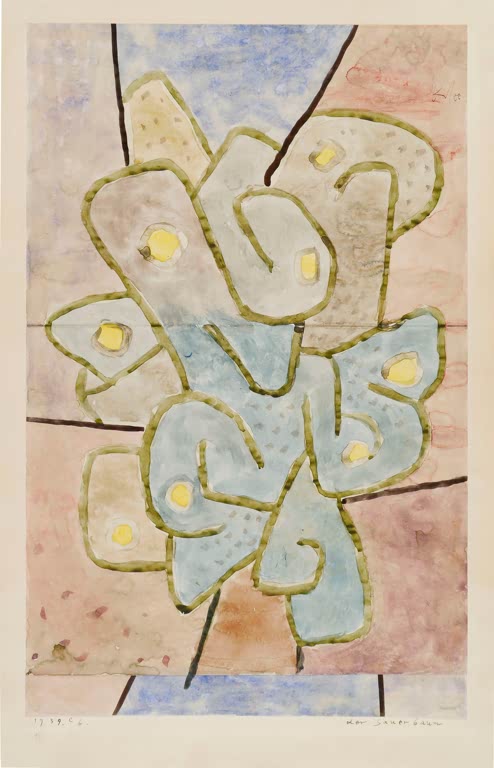 Kunstdruck „Der Sauergelbaum“ von Paul Klee mit abstrakter Darstellung eines Baumes und fantasievollen Formen

