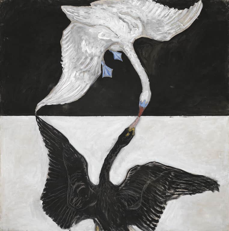 Kunstdruck von „Der Schwan Gruppe IX / SUW, Nr. 1“ von Hilma af Klint mit abstrakten Schwanformen in kontrastreicher Komposition
