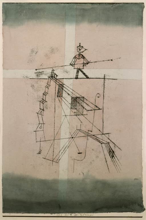 Kunstdruck von „Der Seiltänzer“ von Paul Klee mit stilisierter Figur und dynamischer abstrakter Komposition.
