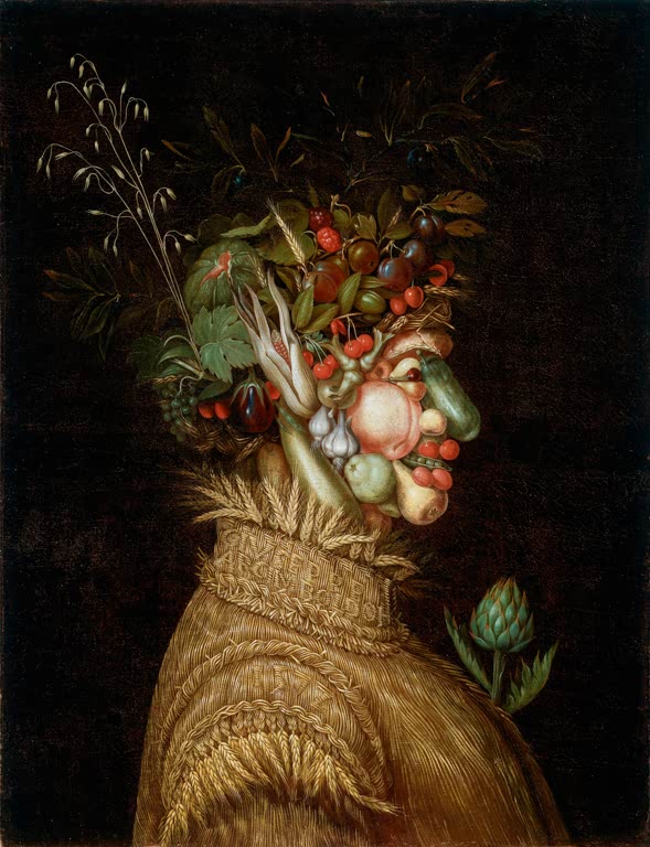 Kunstdruck „Der Sommer“ von Giuseppe Arcimboldo mit einem fantasievollen Porträt aus reifen Früchten, Gemüse und Getreide