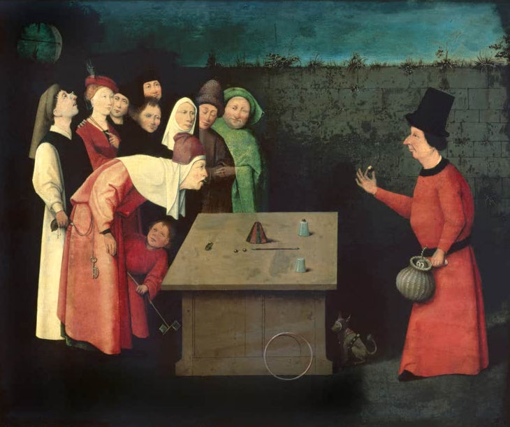 Kunstdruck „Der Taschenspieler“ von Hieronymus Bosch mit Betrugsszene, Zuschauergruppe und detailreicher Darstellung