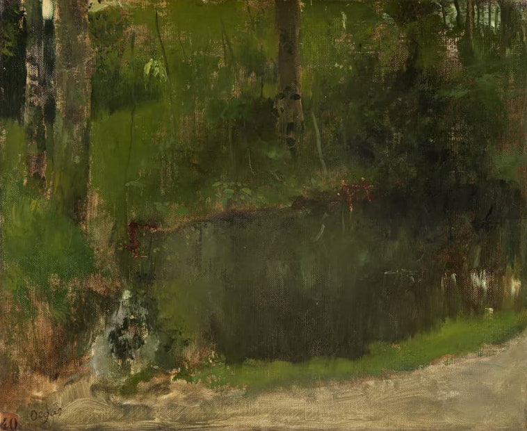 Kunstdruck des Gemäldes Der Teich im Wald von Edgar Degas mit einem ruhigen Waldteich in einer natürlichen Landschaft.
