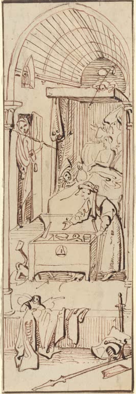 Kunstdruck „Der Tod des Geizhalses“ von Hieronymus Bosch mit Sterbeszene, Versuchung und religiöser Symbolik