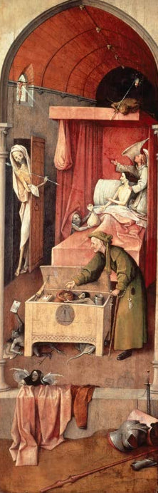 Kunstdruck „Der Tod des Geizhalses“ von Hieronymus Bosch mit sterbendem Mann, Versuchung und religiöser Symbolik