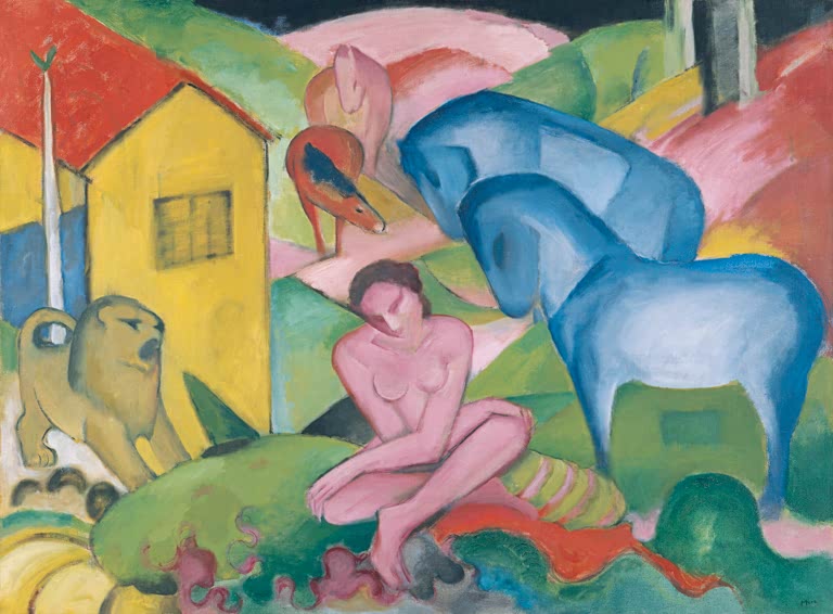Kunstdruck des Gemäldes „Der Traum“ von Franz Marc. Hochwertig in Deutschland von Hand gefertigt, erhältlich als Poster oder Leinwand und optional gerahmt.
