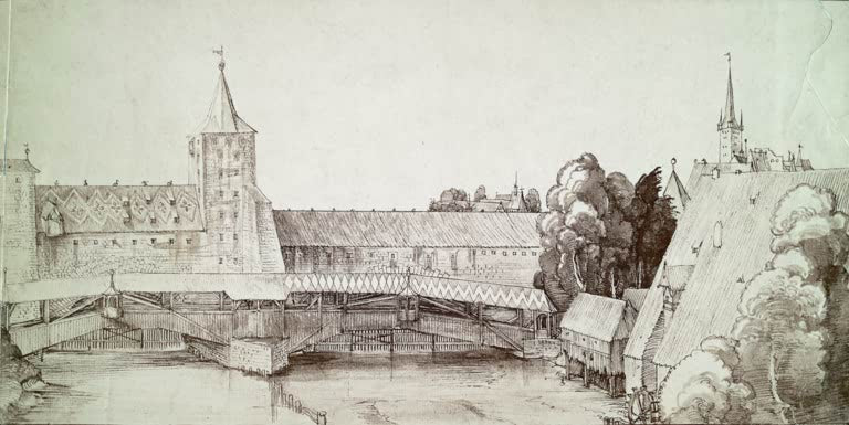 Kunstdruck von „Der Trockensteg beim Hallertor in Nürnberg“ von Albrecht Dürer. Detailreiche Stadtansicht aus der Renaissance mit Nürnberger Architektur, in Deutschland handgefertigt.