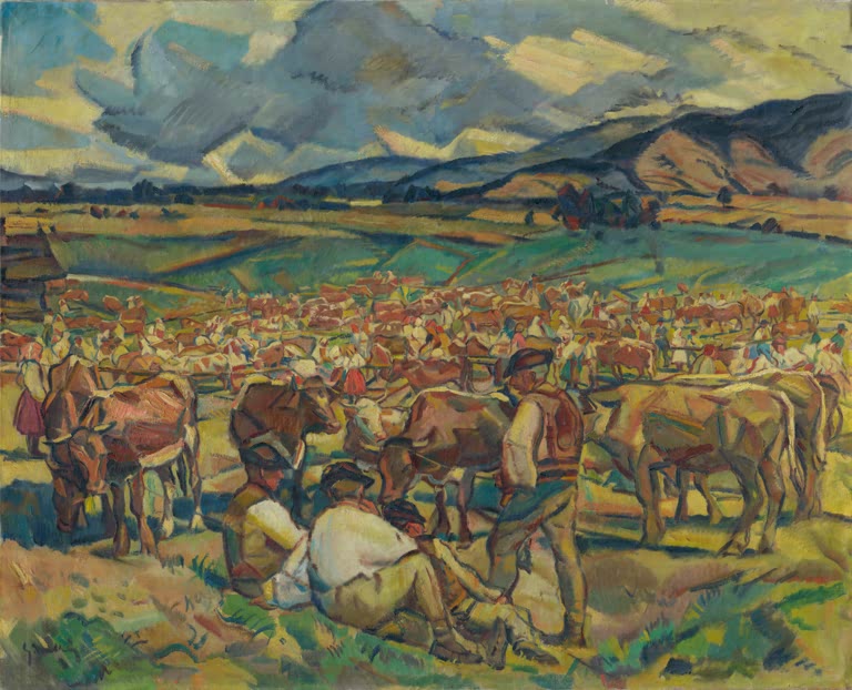 Kunstdruck Der Viehmarkt in Helpa von Gustav Mally mit ländlicher Marktszene, Viehhändlern und Tieren