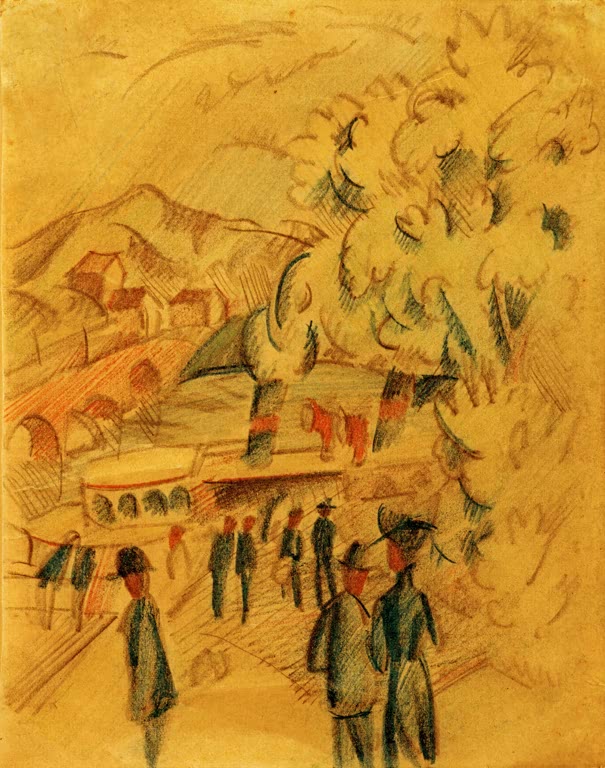 Kunstdruck des Gemäldes „Der Weg zur Ländte“ von August Macke. Hochwertig in Deutschland von Hand gefertigt, erhältlich als Leinwand oder Poster und optional gerahmt.