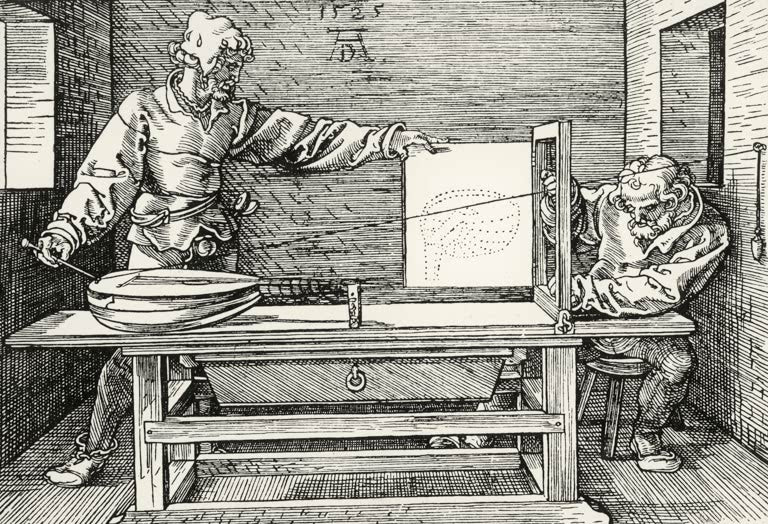 Kunstdruck von „Der Zeichner der Laute“ von Albrecht Dürer. Detailreiche Renaissance-Darstellung eines Künstlers beim Zeichnen einer Laute, in Deutschland handgefertigt.