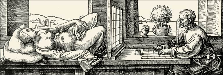 Kunstdruck von „Der Zeichner des liegenden Weibes“ von Albrecht Dürer. Detailreiche Renaissance-Darstellung eines Künstlers bei einer Aktstudie, in Deutschland handgefertigt.
