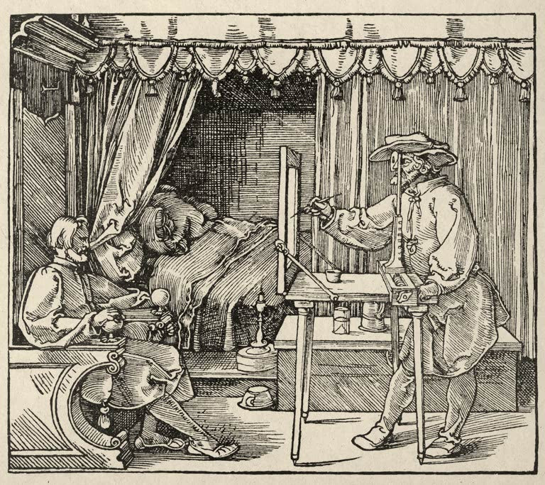 Kunstdruck von „Der Zeichner des sitzenden Mannes“ von Albrecht Dürer. Detailreiche Renaissance-Darstellung eines Künstlers bei der Zeichenstudie, in Deutschland handgefertigt.