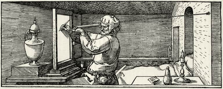 Kunstdruck von „Der Zeichner mit dem Richtscheit“ von Albrecht Dürer. Detailreiche Renaissance-Darstellung eines Künstlers bei der geometrischen Zeichnung, in Deutschland handgefertigt.