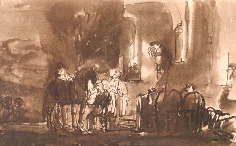 Kunstdruck „Der barmherzige Samariter bei der Herberge“ von Rembrandt van Rijn