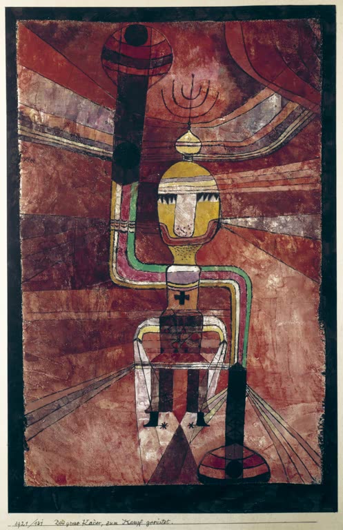Kunstdruck von „Der große Kaiser, zum Kampf gerüstet“ von Paul Klee mit stilisierter Figur und symbolischer abstrakter Bildsprache.