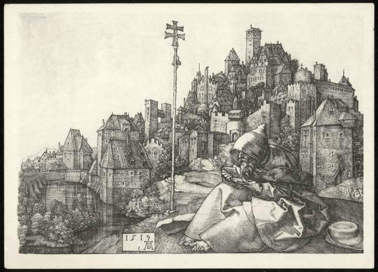 Kunstdruck von „Der heilige Antonius vor der Stadt“ von Albrecht Dürer. Detailreiche Renaissance-Darstellung des Heiligen Antonius in einer Landschaft, in Deutschland handgefertigt.