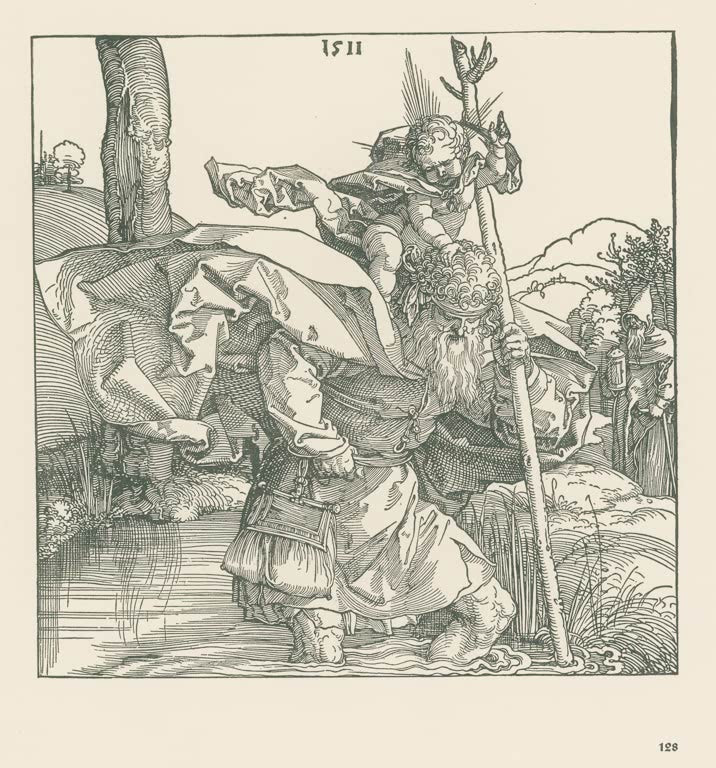 Kunstdruck von „Der heilige Christophorus“ von Albrecht Dürer. Detailreiche Renaissance-Darstellung des Heiligen Christophorus mit dem Christuskind, in Deutschland handgefertigt.