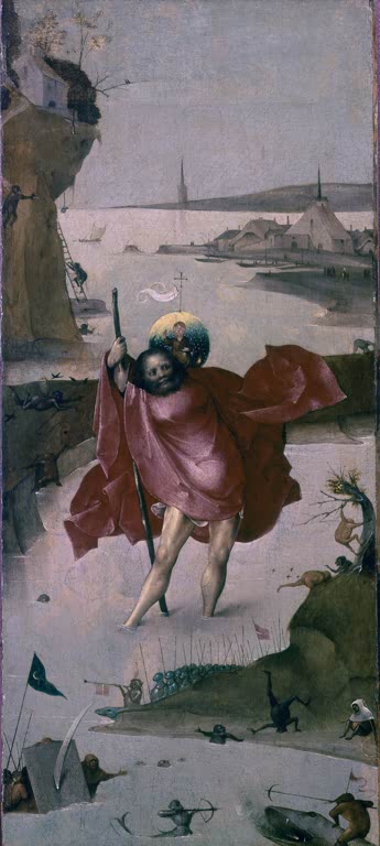 Kunstdruck „Der heilige Christophorus“ von Hieronymus Bosch mit Heiligem, Christuskind und symbolischer Landschaft