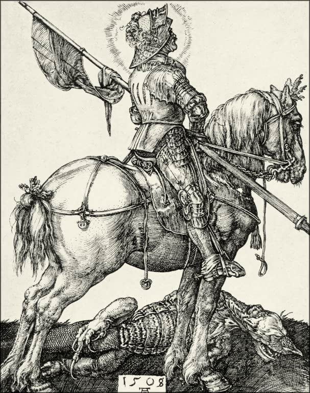 Kunstdruck von „Der heilige Georg zu Pferde“ von Albrecht Dürer. Detailreicher Renaissance-Kupferstich mit dem Heiligen Georg als Reiter, in Deutschland handgefertigt.
