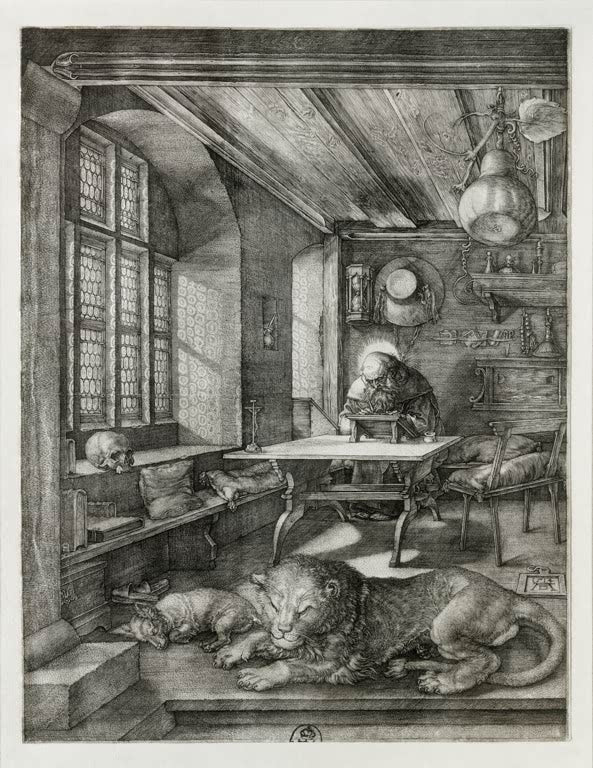 Kunstdruck von „Der heilige Hieronymus im Gehäus“ von Albrecht Dürer. Berühmter Renaissance-Kupferstich mit dem Heiligen Hieronymus in seinem Studierzimmer, in Deutschland handgefertigt.