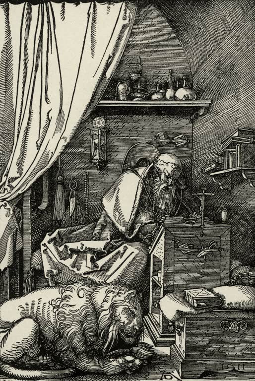 Kunstdruck von „Der heilige Hieronymus in der Zelle“ von Albrecht Dürer. Detailreiche Renaissance-Darstellung des Heiligen Hieronymus in seinem Studierraum, in Deutschland handgefertigt.