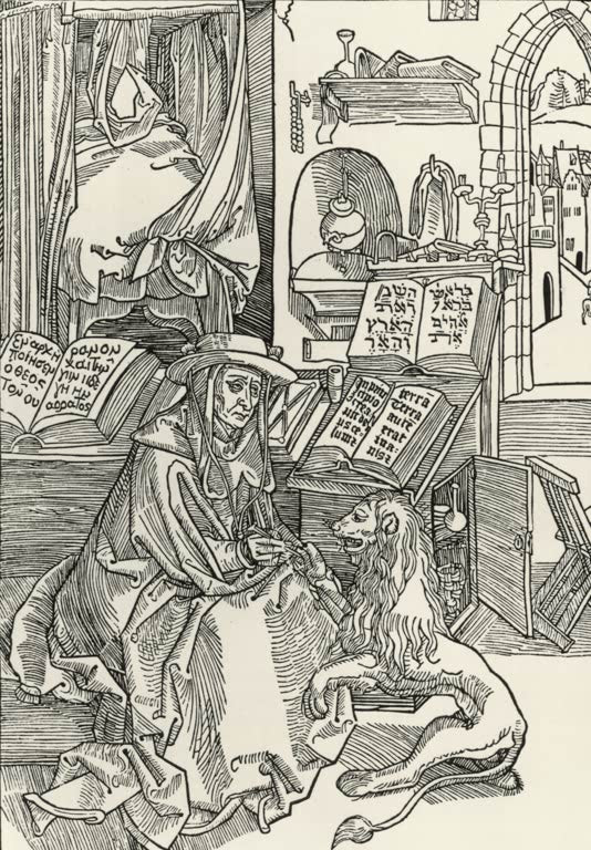 Kunstdruck von „Der heilige Hieronymus zieht dem Löwen den Dorn aus“ von Albrecht Dürer. Detailreiche Renaissance-Darstellung des Heiligen Hieronymus mit Löwe, in Deutschland handgefertigt.