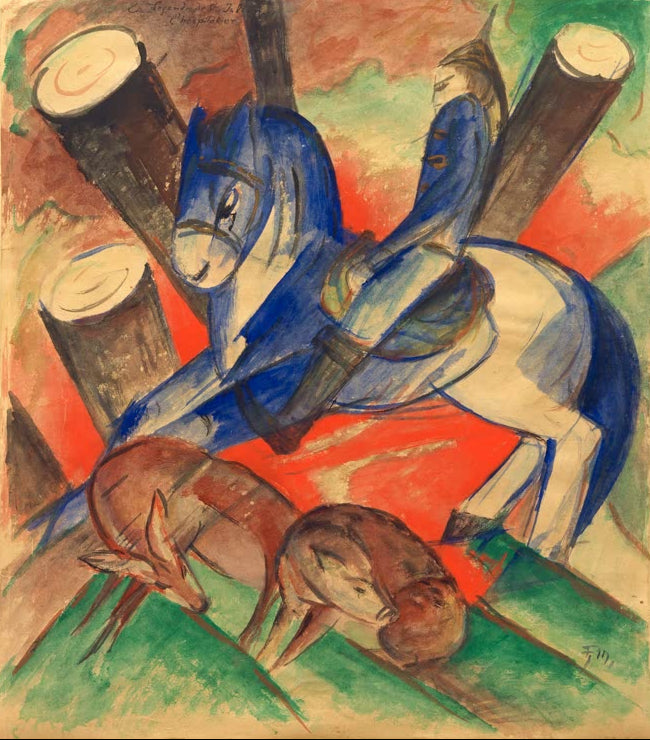 Kunstdruck des Gemäldes „Der heilige Julian“ von Franz Marc. Hochwertig in Deutschland von Hand gefertigt, erhältlich als Poster oder Leinwand und optional gerahmt.