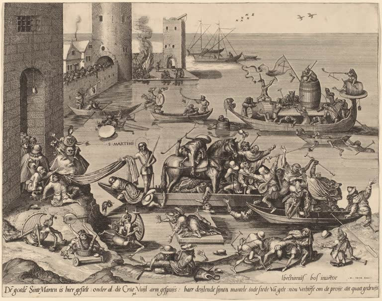 Kunstdruck „Der heilige Martin mit seinem Pferd in einem Schiff“ von Hieronymus Bosch mit Heiligerfigur, Pferd und religiöser Szene