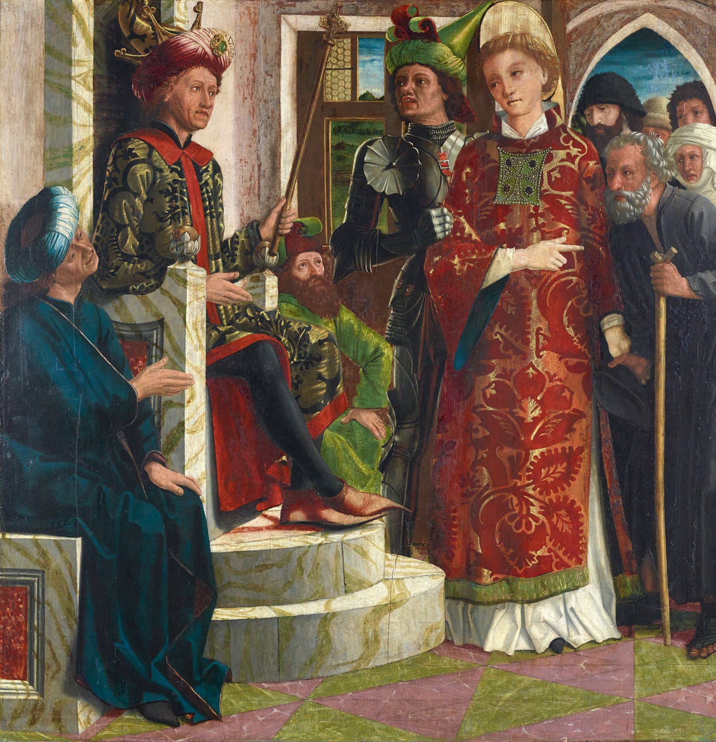 Der hl. Laurentius vor dem Kaiser von Michael Pacher, spätgotisches Gemälde mit dramatischer religiöser Szene.