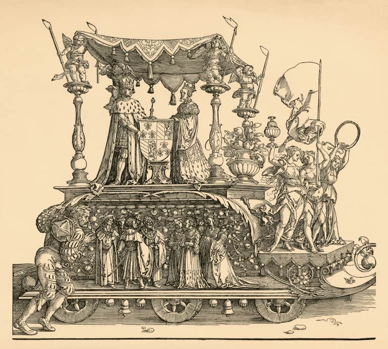 Kunstdruck von „Der kleine Triumphwagen“ von Albrecht Dürer. Detailreicher Renaissance-Holzschnitt mit dem Triumphwagen Kaiser Maximilians I., in Deutschland handgefertigt.
