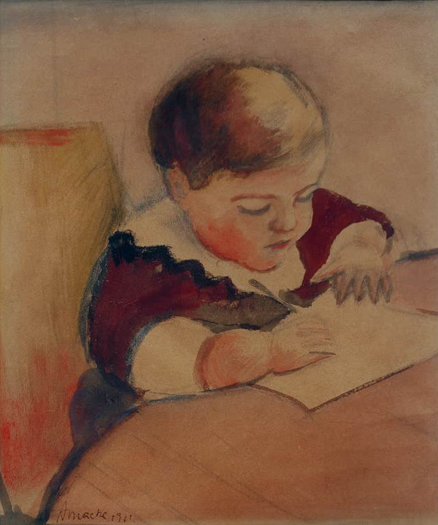 Kunstdruck des Gemäldes „Der kleine Walter, am Tisch malend“ von August Macke. Hochwertig in Deutschland von Hand gefertigt, erhältlich als Poster oder Leinwand und optional gerahmt.