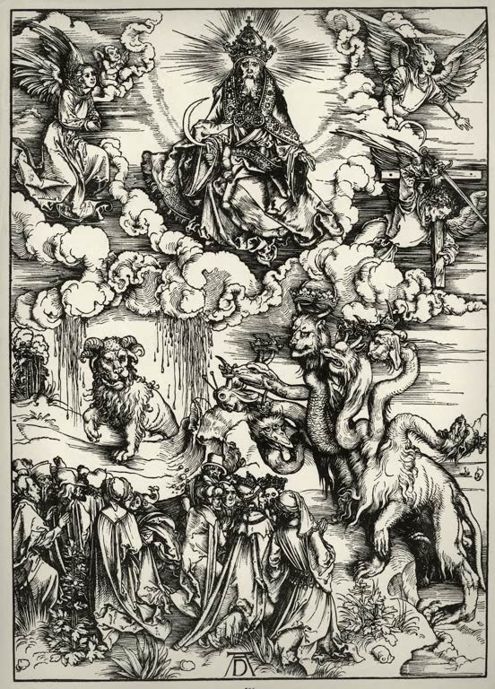 Kunstdruck von „Der siebenköpfige Drache und das Tier mit den Widderhörnern“ von Albrecht Dürer. Detailreicher Apokalypse-Holzschnitt der Renaissance, in Deutschland handgefertigt.